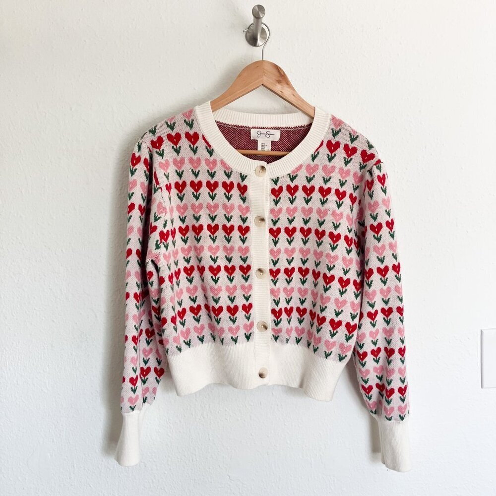 Jessica Simpson Heart Pattern Cardigan - Red, Pink, Cream